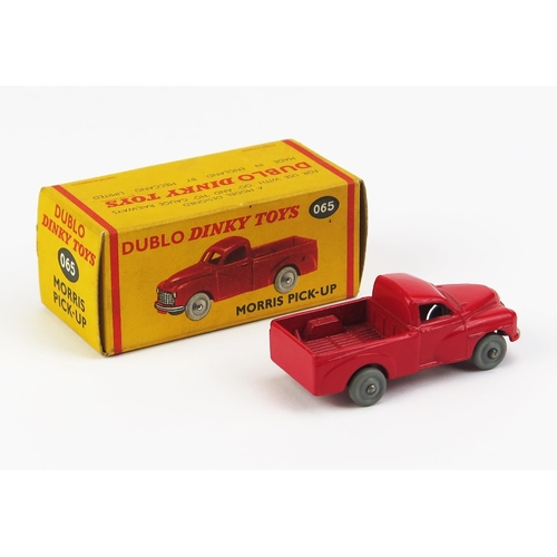 1148 - Dinky Dublo 065 Morris Pick-up - red, grey smooth solid plastic wheels - near mint in near mint yell... 