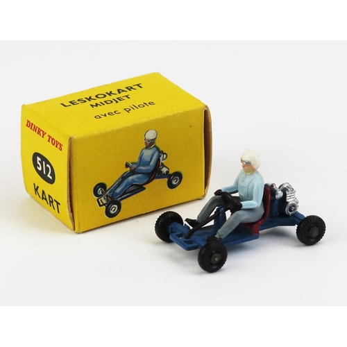 1152 - French Dinky 512 Leskokart Midjet Kart - blue, black plastic wheels, red seat, driver with pale blue... 