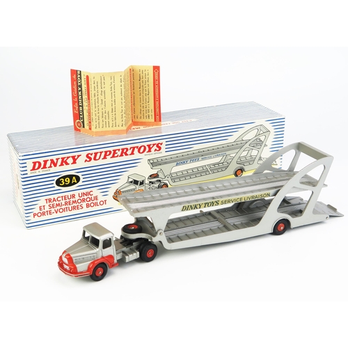 1155 - French Dinky 39A Unic Boilot Car Transporter - silver/orange, orange ridged and concave hubs, 