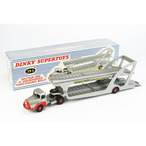 1155 - French Dinky 39A Unic Boilot Car Transporter - silver/orange, orange ridged and concave hubs, 