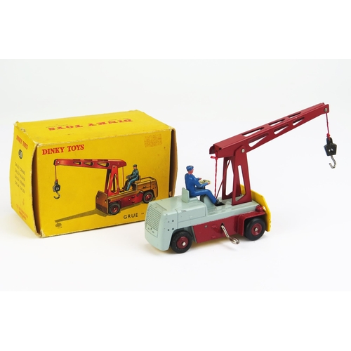 1156 - French Dinky 50 Salev Mobile Crane - grey/red body, yellow and black striped bumper, red crane and h... 