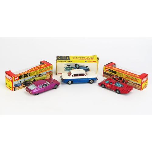 1165 - Dinky / Corgi trio to include Dinky 157 BMW 2000 Tilux, Corgi 284 Citroen SM in metallic purple and ... 