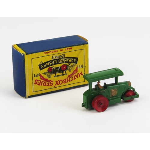 1170 - Matchbox Moko 1a Aveling Barford Road Roller - Stannard Code 2, dark green, red rollers, gold trim, ... 