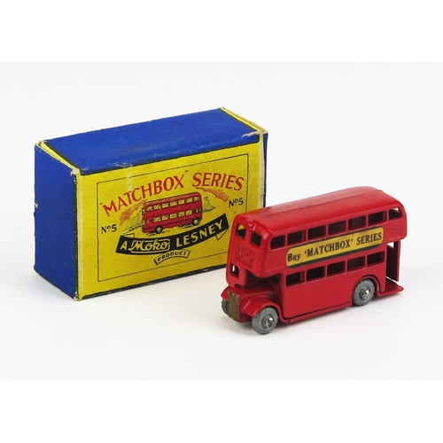 1172 - Matchbox Moko 5a Double Deck Bus - Stannard Code 1, red, number plate recess, paper labels, metal wh... 