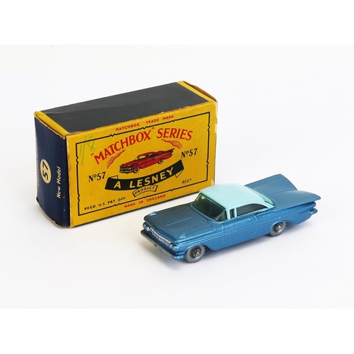 1193A - Matchbox 57b Chevrolet Impala - two-tone blue, green tinted windows, silver plastic wheels, dark blu... 