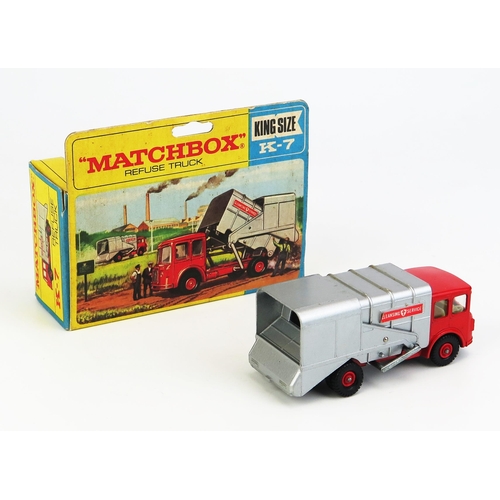 1207 - Matchbox King Size K7 S&D Refuse Truck - red cab and chassis, silver back, cream interior, clear win... 