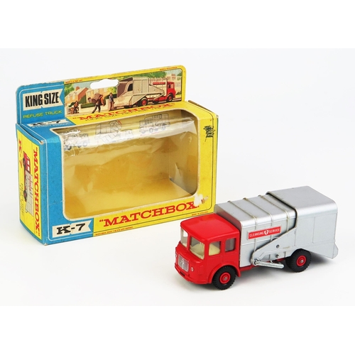 1207 - Matchbox King Size K7 S&D Refuse Truck - red cab and chassis, silver back, cream interior, clear win... 