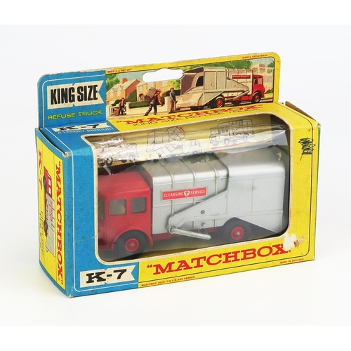 1207 - Matchbox King Size K7 S&D Refuse Truck - red cab and chassis, silver back, cream interior, clear win... 