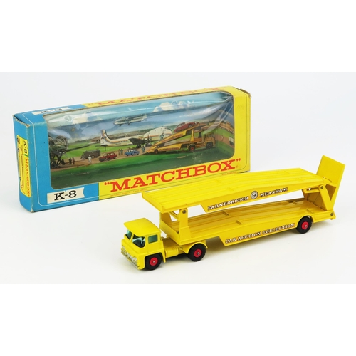 1208 - Matchbox King Size K8 Guy Warrior Transporter - yellow cab, chassis and trailer, green tinted window... 