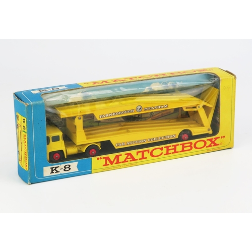 1208 - Matchbox King Size K8 Guy Warrior Transporter - yellow cab, chassis and trailer, green tinted window... 