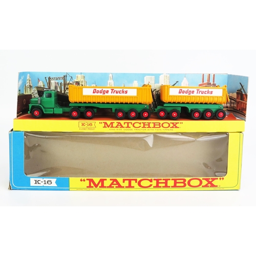 1213 - Matchbox King Size K16 Dodge Tractor with Twin Tippers - green tractor unit and trailer chassis, blu... 