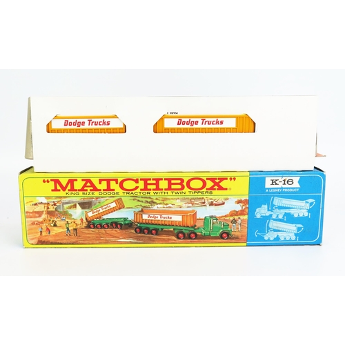 1213 - Matchbox King Size K16 Dodge Tractor with Twin Tippers - green tractor unit and trailer chassis, blu... 