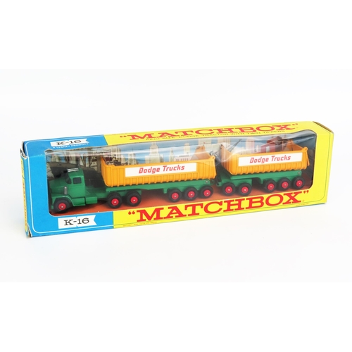 1213 - Matchbox King Size K16 Dodge Tractor with Twin Tippers - green tractor unit and trailer chassis, blu... 