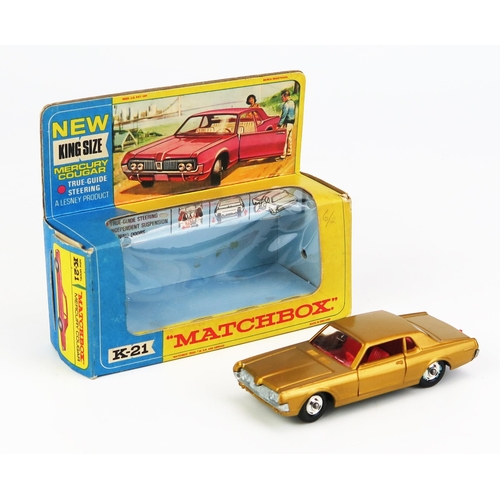 1215 - Matchbox King Size K21 Mercury Cougar - gold, red interior and tow hook, unpainted base, chrome hubs... 