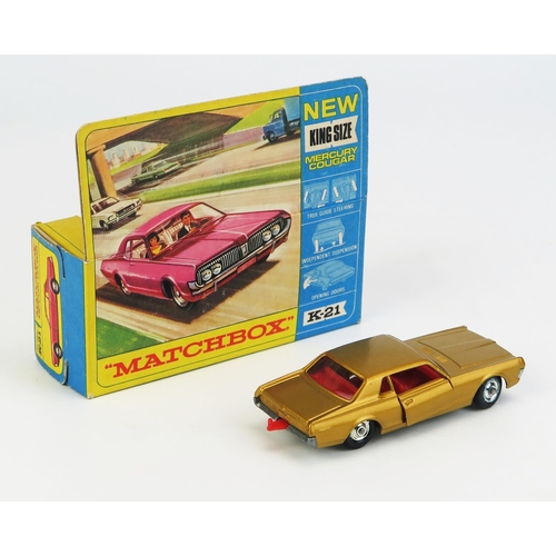 1215 - Matchbox King Size K21 Mercury Cougar - gold, red interior and tow hook, unpainted base, chrome hubs... 