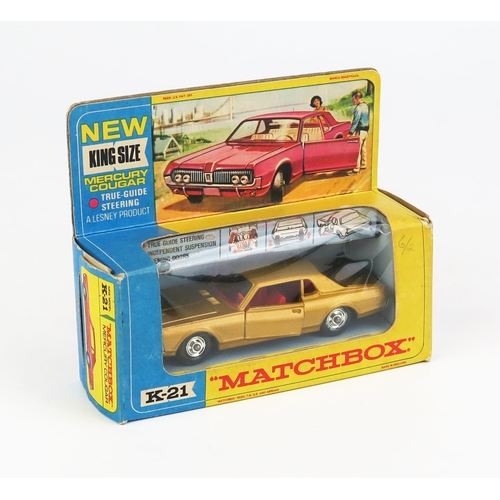 1215 - Matchbox King Size K21 Mercury Cougar - gold, red interior and tow hook, unpainted base, chrome hubs... 