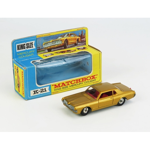 1216 - Matchbox King Size K21 Mercury Cougar - gold, red interior and tow hook, unpainted base, chrome hubs... 