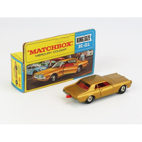 1216 - Matchbox King Size K21 Mercury Cougar - gold, red interior and tow hook, unpainted base, chrome hubs... 