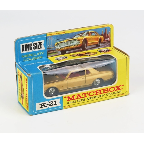 1216 - Matchbox King Size K21 Mercury Cougar - gold, red interior and tow hook, unpainted base, chrome hubs... 