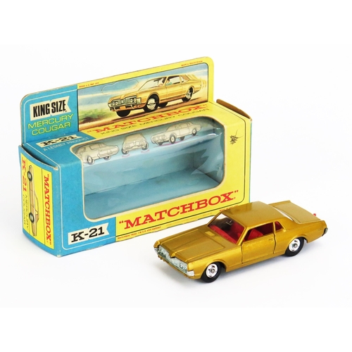 1217 - Matchbox King Size K21 Mercury Cougar - gold, red interior and tow hook, unpainted base, chrome hubs... 