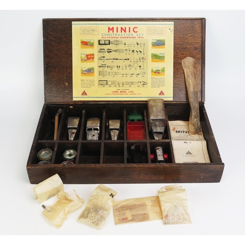 1231 - Triang Minic Pre-war Construction Set No.1 in wooden cabinet with Delivery Truck, Transport Van, Cab... 