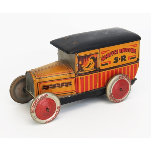 1250 - G De Andreis (France) Tinplate Peugeot 201 Delivery Van with yellow/red/black lithograph decoration,... 