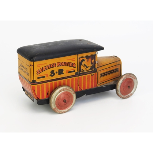 1250 - G De Andreis (France) Tinplate Peugeot 201 Delivery Van with yellow/red/black lithograph decoration,... 