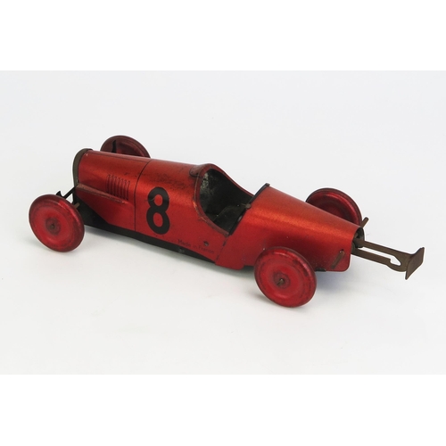 1251 - Vebe (Paris, France) Tinplate Mechanical Racing Car - metallic sunset red with matching balloon whee... 