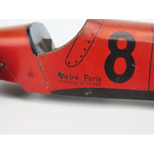 1251 - Vebe (Paris, France) Tinplate Mechanical Racing Car - metallic sunset red with matching balloon whee... 