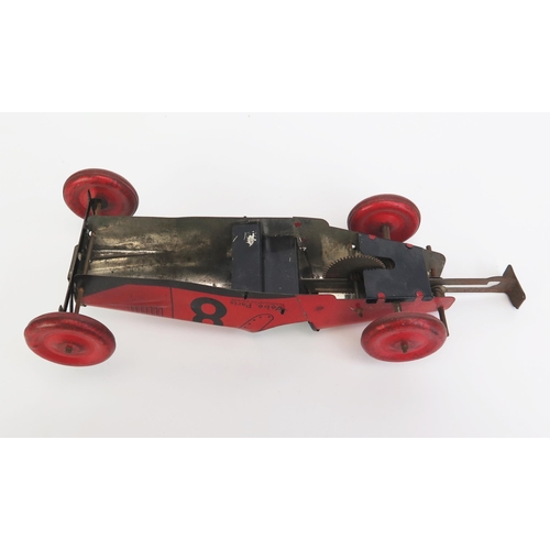 1251 - Vebe (Paris, France) Tinplate Mechanical Racing Car - metallic sunset red with matching balloon whee... 