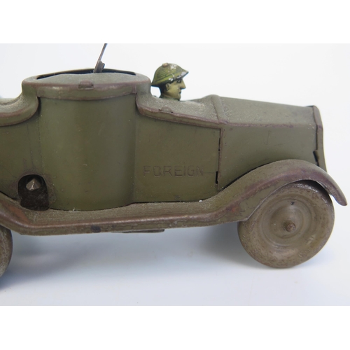 1253 - 2 Tinplate Clockwork Military Vehicles - (1) pre-war armoured car stamped 