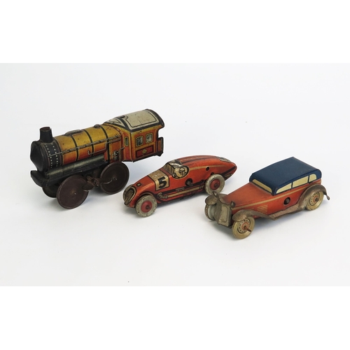 1254 - 3 German Tinplate Clockwork Toys including car, racing car and train, possibly Tippco or Georg Fisch... 