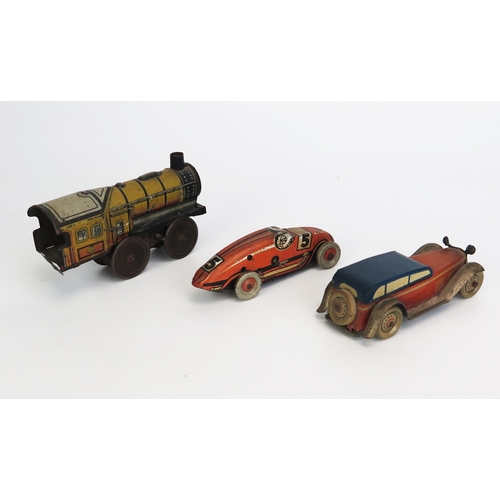 1254 - 3 German Tinplate Clockwork Toys including car, racing car and train, possibly Tippco or Georg Fisch... 