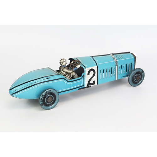 1255 - Large Tinplate Clockwork Vintage Style Racing Car (35cm) - excellent, working