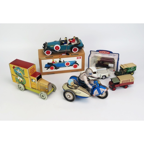 1256 - Vintage Style Tinplate Car by Paya, Chinese made Sidecar, French Style Delivery Van and 4 diecast ve... 