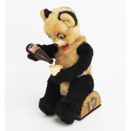 1270 - Alps (Japan) Battery Operated Plush Panda Pouring Cola/Beer sitting on Tinplate Lithographed Log - e... 