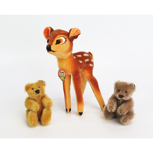 1283 - Steiff Vintage Bambi with chest tag (16cm tall) and two small jointed bear with buttons (grey and bl... 