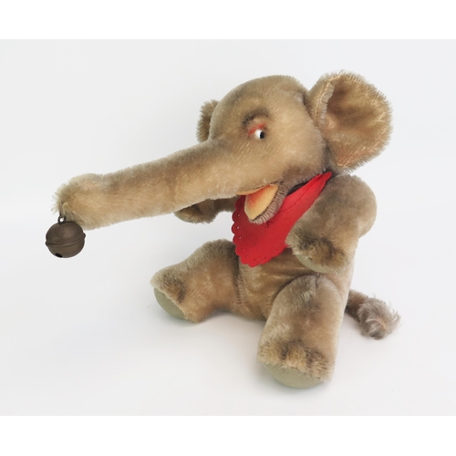 1285 - Vintage Plush Sitting Elephant with Bell, Probably Steiff (23cm tall) - very good but faded