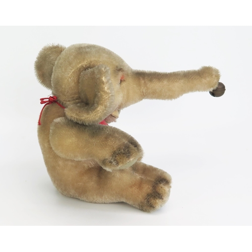 1285 - Vintage Plush Sitting Elephant with Bell, Probably Steiff (23cm tall) - very good but faded