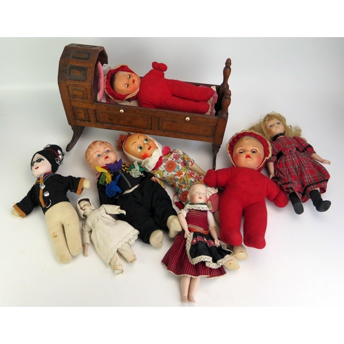 1296D - Collection of Vintage Dolls and a miniature carved oak cot