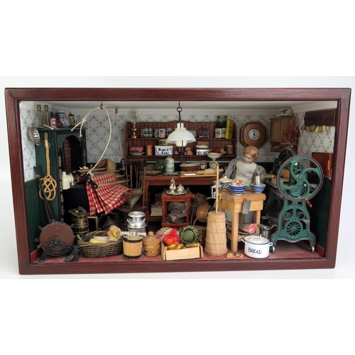 1296E - Dolls House Kitchen Scene framed in a wooden display box (35x19.5x19.5cm)