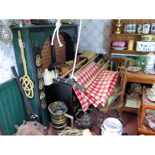 1296E - Dolls House Kitchen Scene framed in a wooden display box (35x19.5x19.5cm)