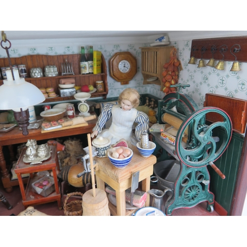 1296E - Dolls House Kitchen Scene framed in a wooden display box (35x19.5x19.5cm)