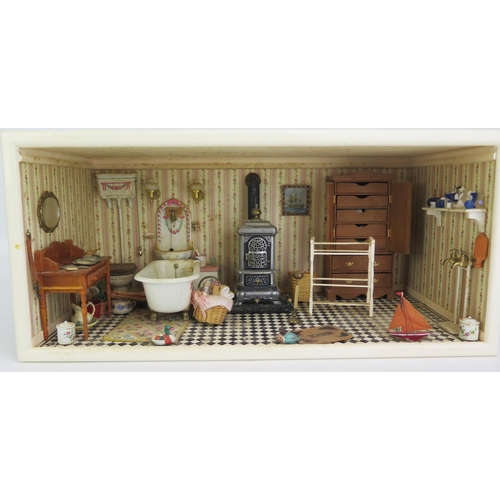 1296F - Dolls House Bathroom Scene framed in painted wooden display box (42.5x20x20cm)