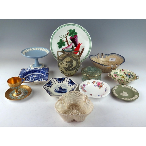 1364 - A Belleek porcelain woven basket, Royal Doulton dish, Wedgwood Jasperware dish, Limoges, etc.