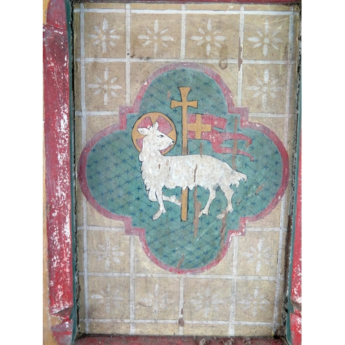 1777 - A 19th century pine and polychrome decorated lectern, the front panel depicting the Lamb of God with... 