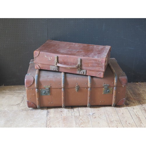 1771A - A Revelation stitched leather suitcase, 66cm wide together with a canvas and wood bound cabin trunk,... 