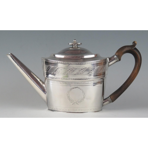 40 - A George III provincial silver teapot, maker Christian Ker Reid, Newcastle, 1799, of oval outline wi... 