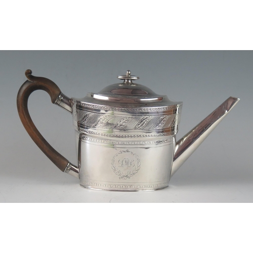 40 - A George III provincial silver teapot, maker Christian Ker Reid, Newcastle, 1799, of oval outline wi... 