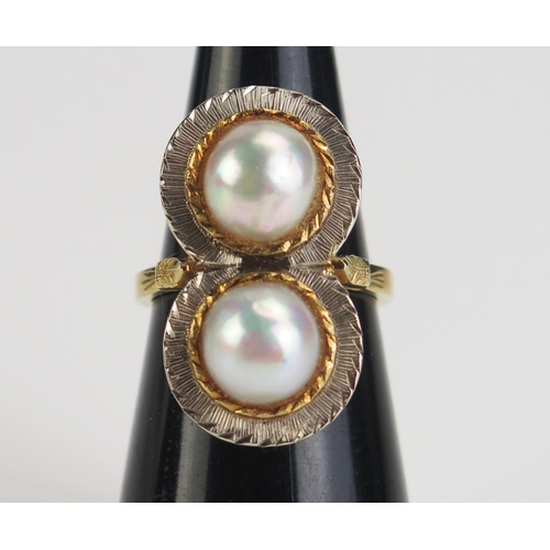 105 - An 18ct White and Yellow Gold untested Pearl Dress Ring, 25.5x14mm head, size K.5, 7.75g